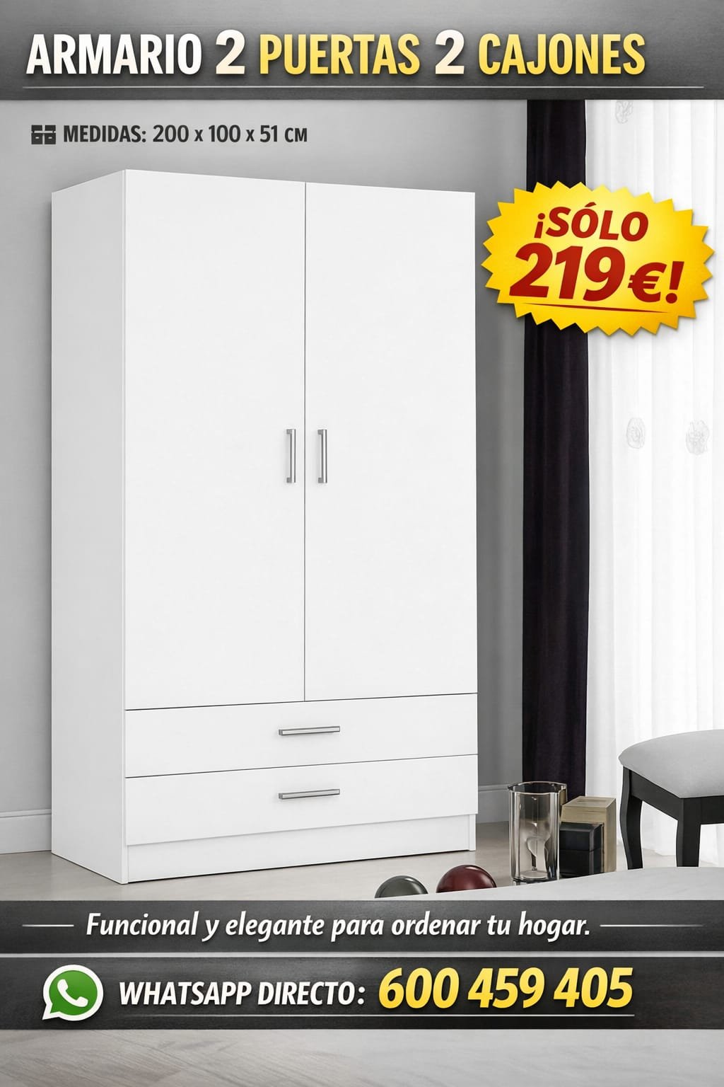 Armario 2 puertas con 2 cajones – Diseño moderno y gran capacidad | 200 x 100 x 51 cm 5 Armario 2 puertas con 2 cajones – Diseño moderno y gran capacidad | 200 x 100 x 51 cm