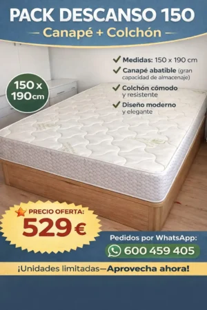 Pack Descanso 150x190 cm – Canapé Abatible cambrian y Colchón con Envío y Montaje en Ibiza