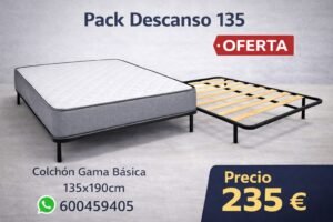 PACK DESCANSO 135 – Somier de láminas con 4 patas + Colchón Gama Básica 135×190 cm (18 cm de altura)
