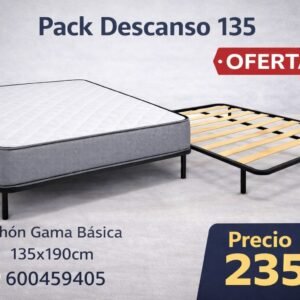 PACK DESCANSO 135 – Somier de láminas con 4 patas + Colchón Gama Básica 135×190 cm (18 cm de altura)