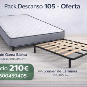 PACK DESCANSO 105 – Somier de láminas con 4 patas + Colchón Gama Básica 105×190 cm (18 cm de altura)