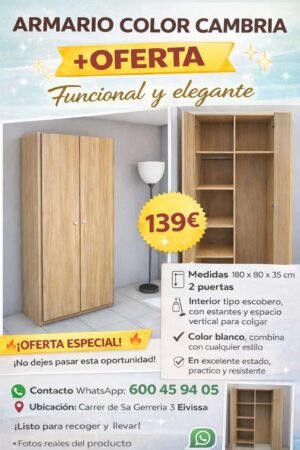 Armario Pequeño para Ropa de Cama o ropa de Niños – 2 Puertas – 180x80x55 cm – Color Cambria