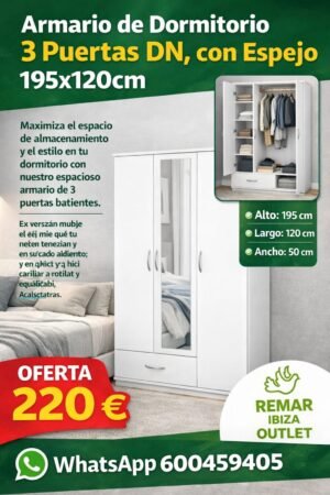 Armario 3 puertas con espejo central – diseño moderno, gran capacidad y almacenamiento inteligente para dormitorios en Ibiza
