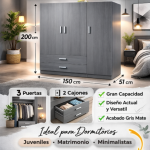 Armario gris moderno 3 puertas y 2 cajones 150x200 cm | Armario dormitorio gran capacidad diseño moderno