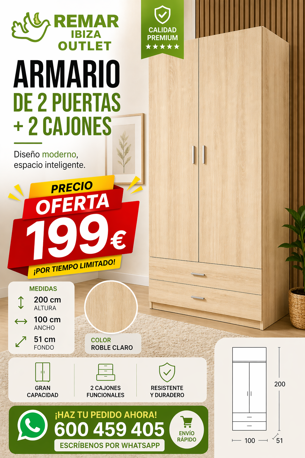 Armario 2 Puertas + 2 Cajones en Ibiza | Roble Claro 200x100 cm 4 Armario 2 Puertas + 2 Cajones en Ibiza | Roble Claro 200x100 cm