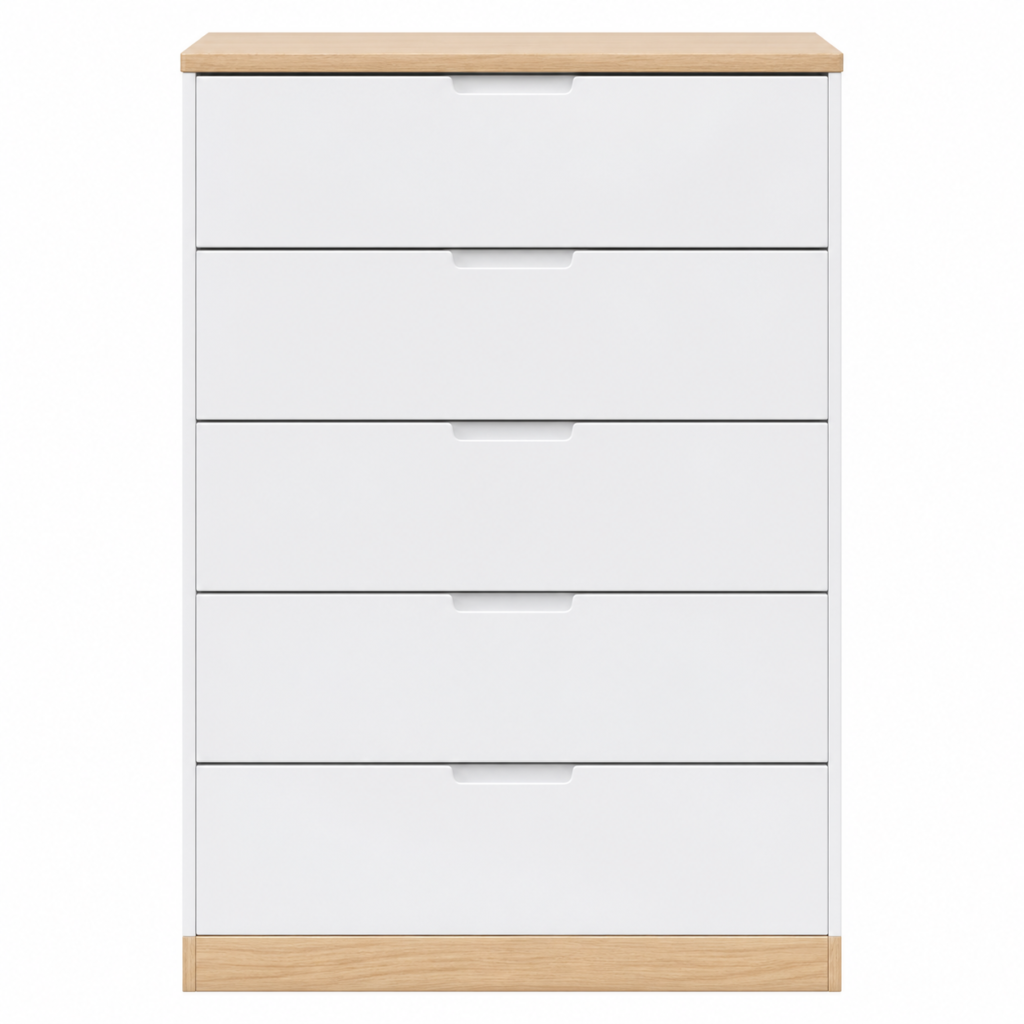 Cómoda Blanca 5 Cajones 110x60 cm | Cajonera Moderna con Detalle Roble en Ibiza 2 Cómoda Blanca 5 Cajones 110x60 cm Cajonera Moderna con Detalle Roble en Ibiza