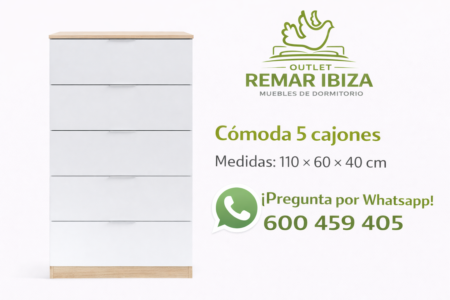 Cómoda Blanca 5 Cajones 110x60 cm | Cajonera Moderna con Detalle Roble en Ibiza 4 Zapatero Armario 2 Puertas 101x75 cm | Mueble para Zapatos Blanco en Ibiza