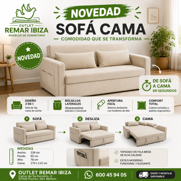 Sofá Cama Beige 2 Plazas con Apertura Deslizante y Bolsillos Laterales