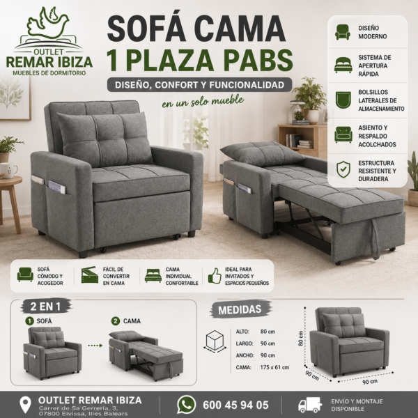Sofá Cama 1 Plaza Pabs | Solución Compacta para Espacios Pequeños en Ibiza