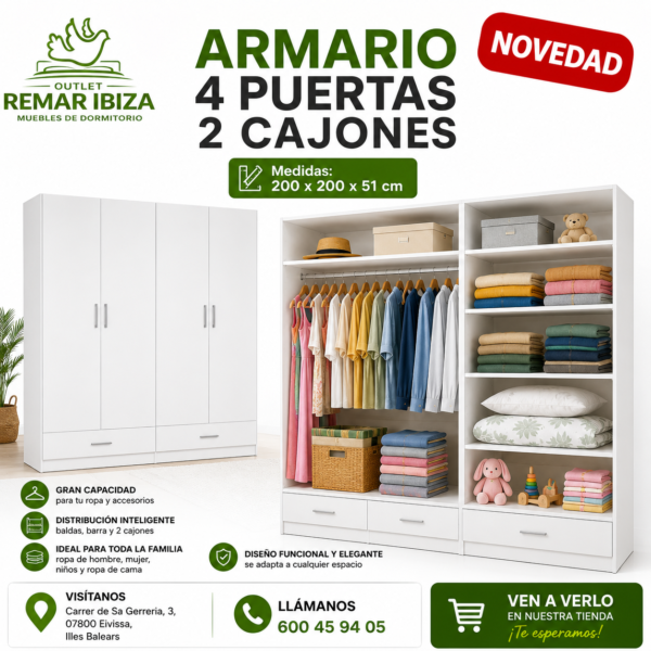 Armario 4 Puertas 2 Cajones