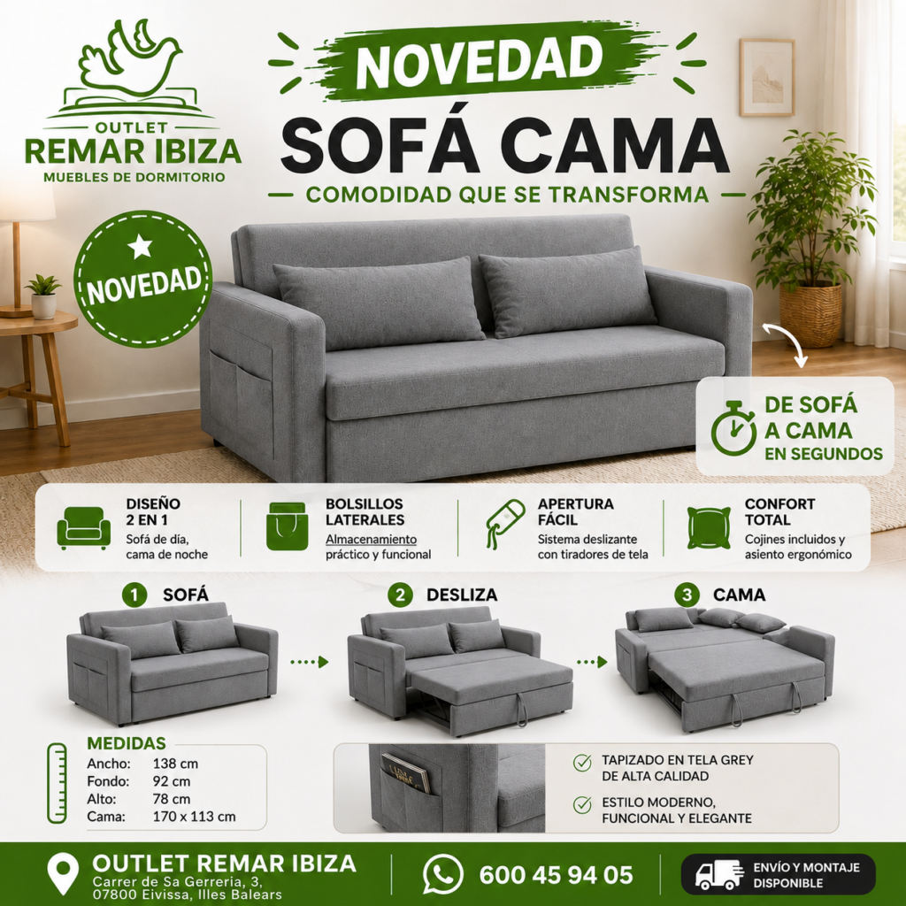 sofá cama ibiza, sofá cama 2 plazas, sofá cama grey, sofá convertible, sofá cama compacto, muebles salón ibiza, sofás ibiza, muebles funcionales ibiza, sofá para apartamento, sofá cama moderno, salón living ibiza, muebles outlet ibiza, sofá para invitados, sofá cama económico, muebles para espacios pequeños, sofá cama gris