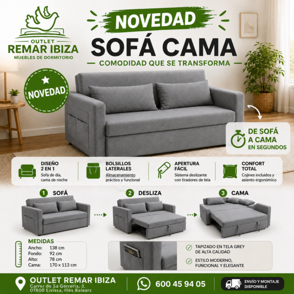 sofá cama ibiza, sofá cama 2 plazas, sofá cama grey, sofá convertible, sofá cama compacto, muebles salón ibiza, sofás ibiza, muebles funcionales ibiza, sofá para apartamento, sofá cama moderno, salón living ibiza, muebles outlet ibiza, sofá para invitados, sofá cama económico, muebles para espacios pequeños, sofá cama gris