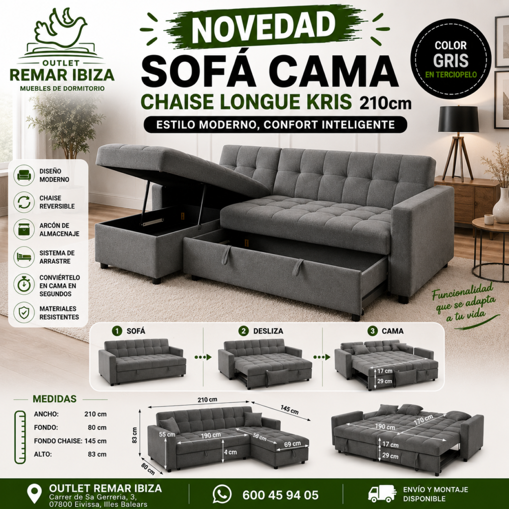 Sofa Cama Chaise Longue Kris 210cm (1) Sofa Cama Chaise Longue Kris 210cm 1 1