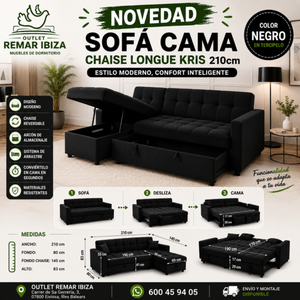 Sofá Cama Chaise Longue Kris 210 cm Negro Terciopelo