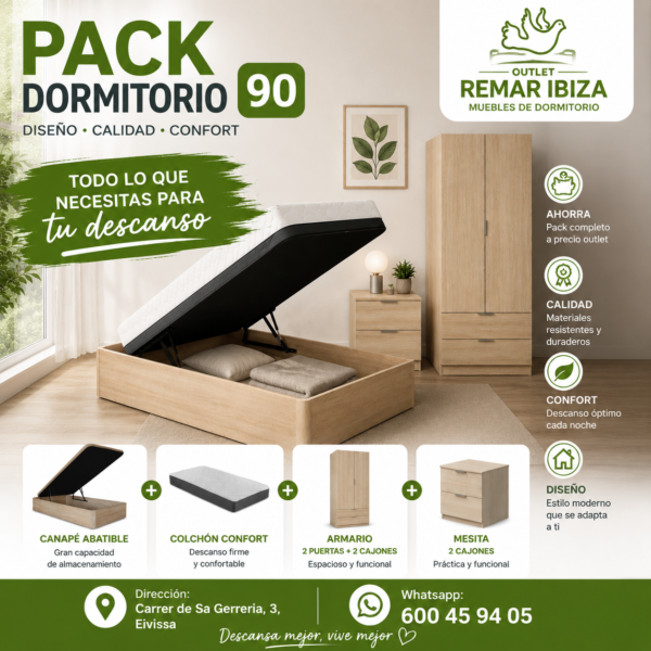 Pack Dormitorio 90 en Ibiza – Canapé Abatible + Colchón + Armario + Mesita
