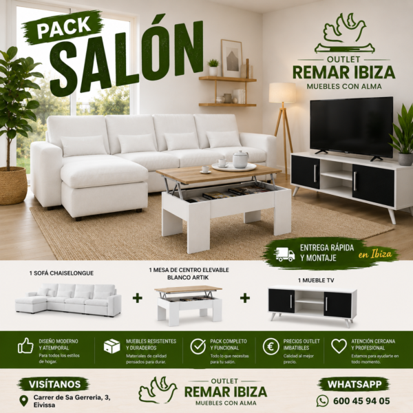 Pack Salón Completo en Ibiza – Sofá Chaise Longue + Mesa Elevable + Mueble TV