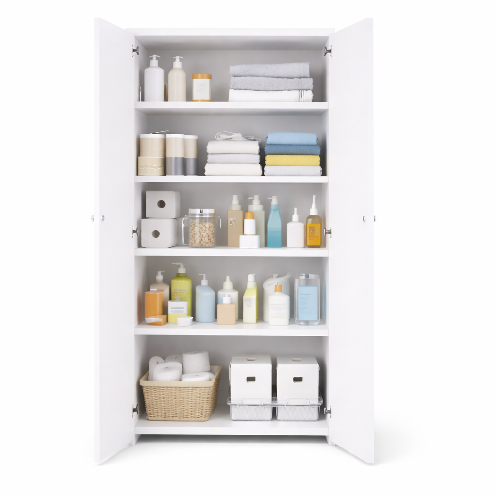 Armario blanco con productos organizados